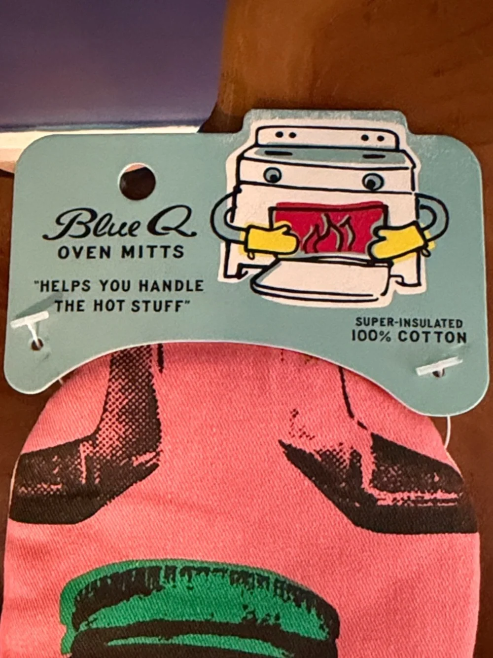 NWT Blue Q Pink Oven Mitt with Green and Black Print